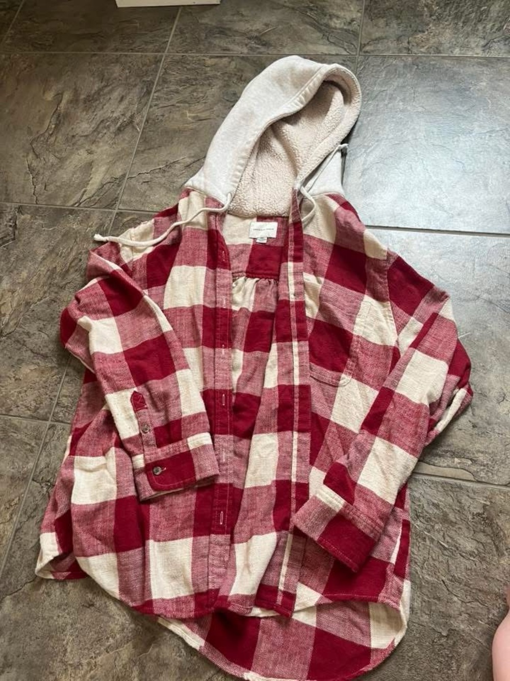 American Eagle Outfitters Red and Cream Plaid Hooded Flannel Shirt